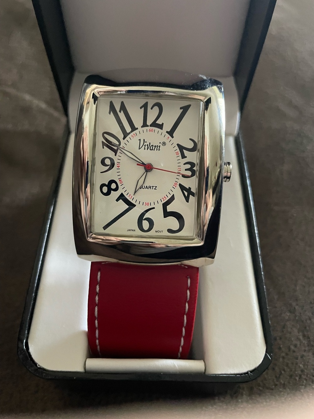 VIVANI women's red leather strap quartz watch stainless steel back new in box